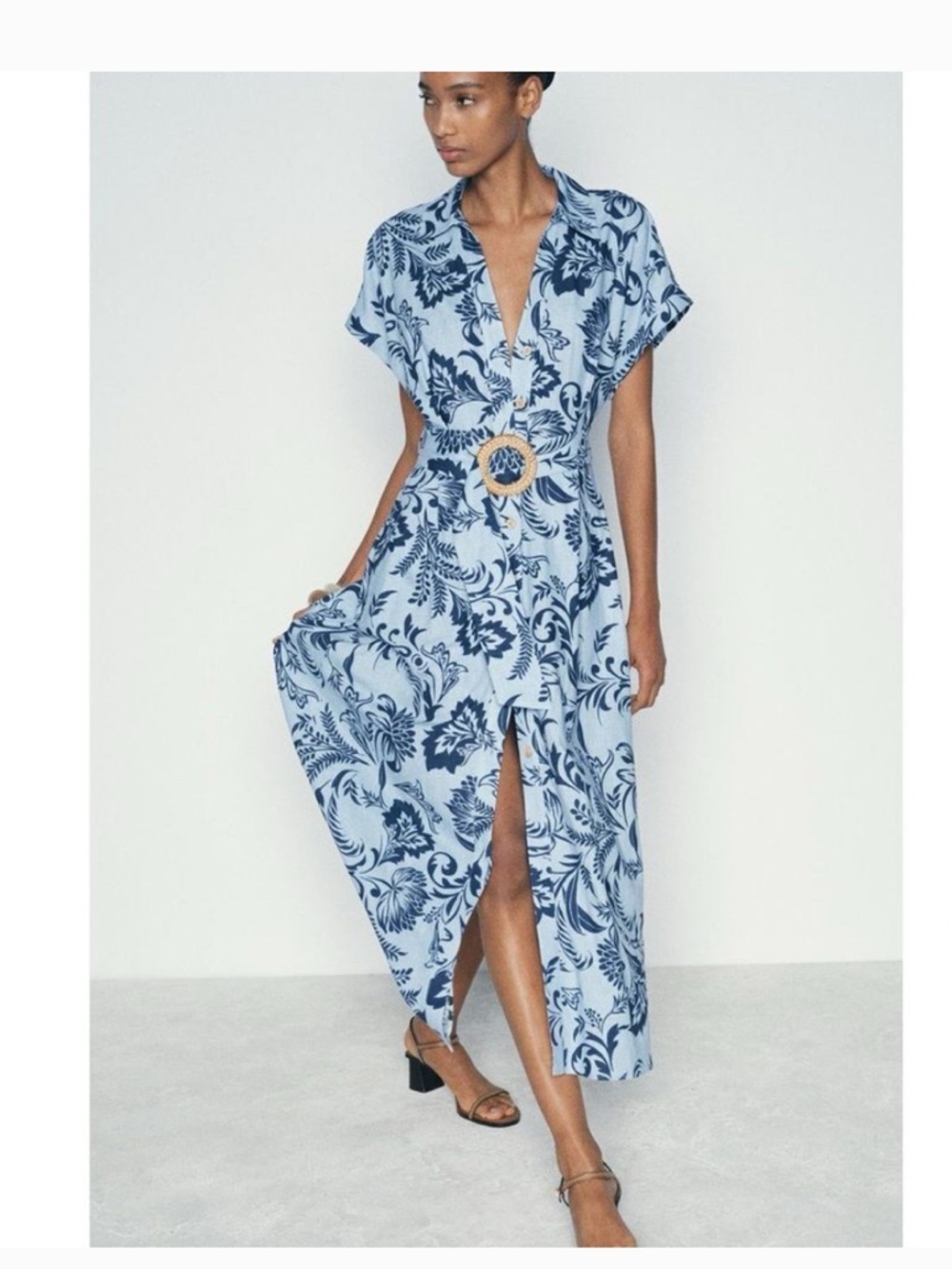 Zara Blue Floral Belted Button Front Midi Dress Size Small NWT